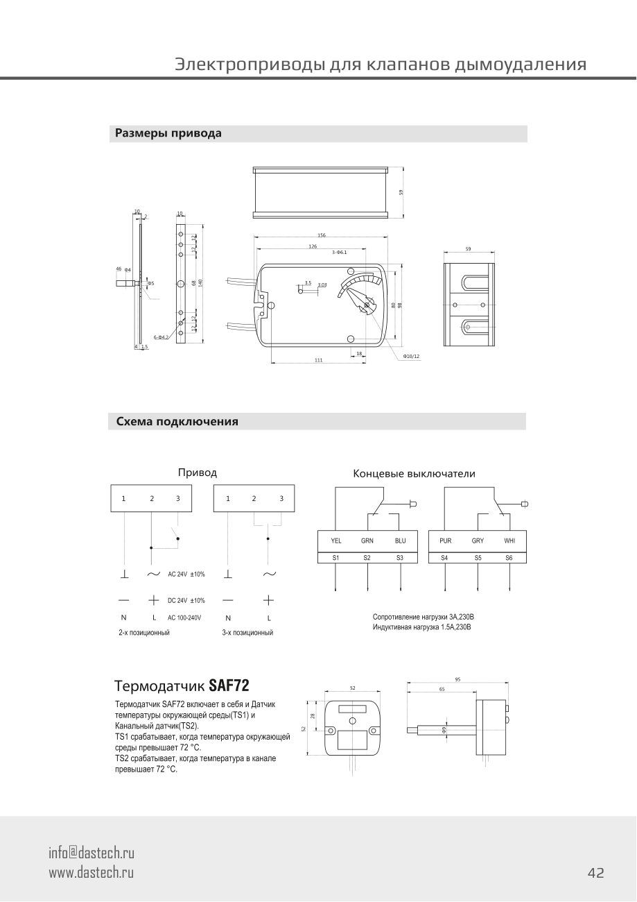 Размеры и схема подключения электропривода Dastech FS-15N220S